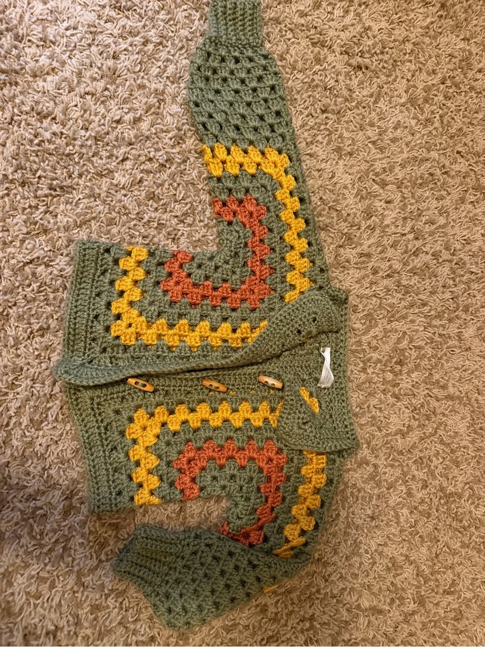 Handmade Retro Granny Square Cardigan Sweater Sage Green Toddler 12M 2T